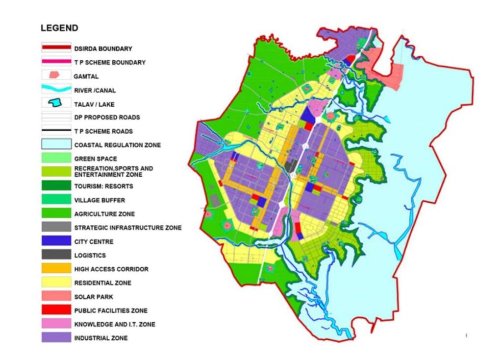 A color-coded map illustrating the proposed land use zones within the Dholera Special Investment Region Development Authority (DSIRDA) area.