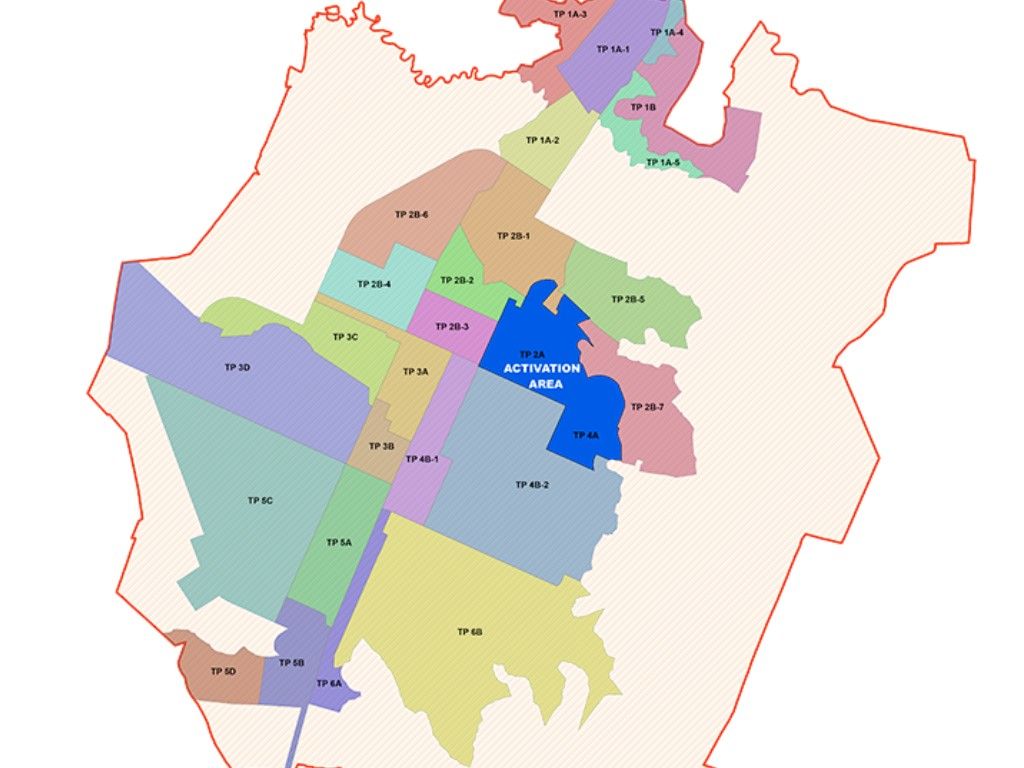 Map showing different Town Planning (TP) schemes in Dholera SIR, with a central area marked as the "Activation Area.